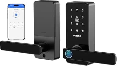 DESLOC B200L Fingerprint Smart Lock with Handle, Keyless Entry Door Locks for Front Door and Bedrooms, App Control, Touchscreen Keypad, Auto-Lock, 12-Month Battery, Emergency Power Port, IP54 Black