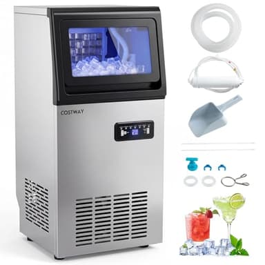 COSTWAY Commercial Ice Maker Machine, 110LBS/24H, 36 Cubes in 13 Mins, 25Lbs Storage Bin, Self-Cleaning, 23H Timer, Stainless Steel Ice Maker with Filter for Office Restaurant Bar Cafe, Silver+Black