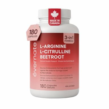 L-Arginine 590 mg, L-Citrulline 266 mg & Beetroot (Per Serving: 2 Capsules) – 3-in-1 Nitric Oxide, Circulation & Energy – 180 Vegan Capsules – Made in Canada