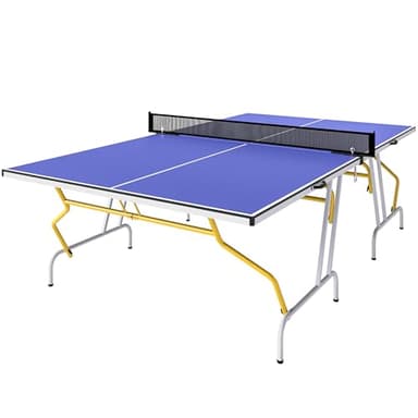 Soozier 9' x 5' Full Size Ping Pong Table, Fold Into Quarters, Portable Table Tennis Table with Net, Paddles, Balls, MDF, Blue