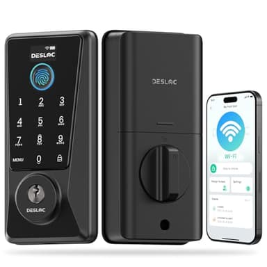 DESLOC Smart Lock D110 Plus, WiFi Fingerprint Smart Front Door Lock with Touchscreen Keypad, App Remote Control, Auto Lock, Keyless Entry Deadbolt, 100 Anti-Peep PIN Codes, IP54 Waterproof
