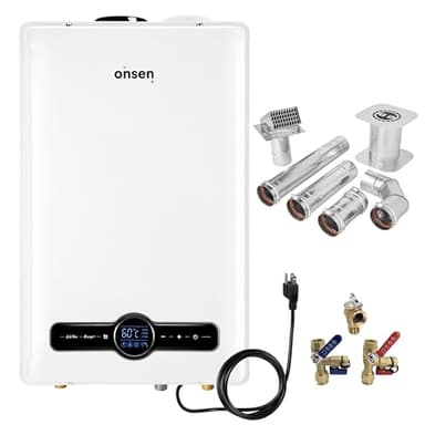 ONSEN 26L Propane Residential Tankless Water Heater + 3" Horizontal Vent & Valve Kit - 6.9 GPM, 180K BTU - Instant Hot Water - for Small Space Indoor Use - CSA-Approved for USA & Canada