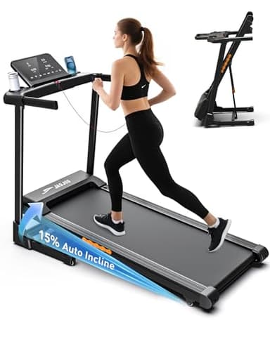Treadmill with Incline for Home, JAGJOG 15% Auto Incline Treadmills with Handrail 300 lbs Capacity, 3.0 HP Quiet Foldable Treadmill with 12 HIIT Programs, LED Display, Touch Control(Black)