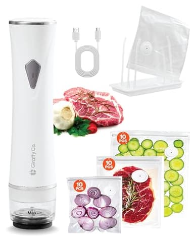 Giraffy Co. Vacuum Sealer Machine with Visible Water Tank, 30 Reusable Bags (S, M, L - 10 Each), Foldable Drying Rack, and Charging Cable – Compact & Powerful Handheld Food Sealer for Freshness
