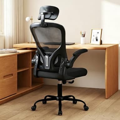 Flysky Ergonomic Office Chair with Adjustable Headrest & Lumbar Support, Computer Desk Chair with Flip-Up Armrests, Comfortable for Home, Office, Conference Room
