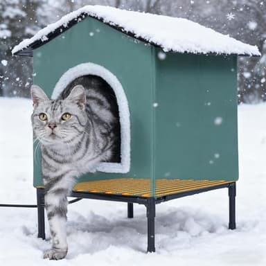 Heated Cat House for Indoor/Outdoor Use, Elevated/Insulated Feral Cat House, Heated Cat Bed with Pets Heating Pad, Warm House for Outside Stray Cats (Green,Medium)