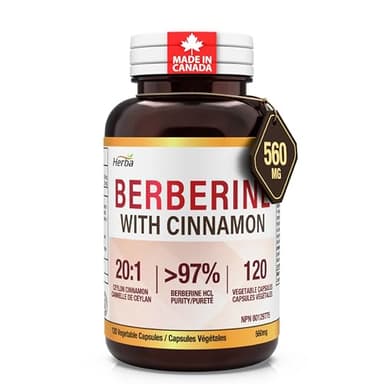 Herba Berberine Supplement with Ceylon Cinnamon – 120 Capsules | Ultra Pure >97% | Berberine 1000mg (per 2 Berberine 500mg capsules) | Blood Sugar Support Supplement | Berberine HCL with Cinnamon Capsules 20:1 | Made in Canada