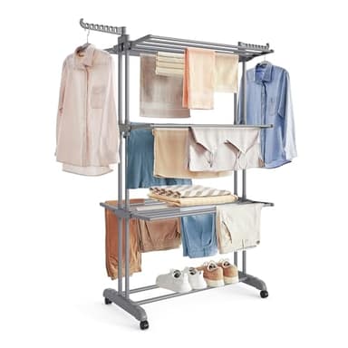 SONGMICS Clothes Drying Rack 4-Tier, Foldable Laundry Drying Rack 173 cm Tall, Steel, Rolling Clothes Horses, Laundry Hanger Dryer Airer, Indoor Outdoor Use, Dove Gray ULLR701G01V2
