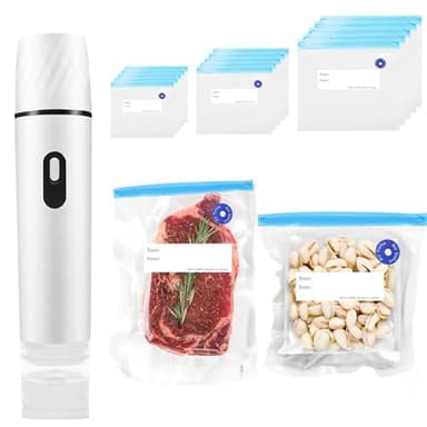Handheld Vacuum Sealer for Food Sealer& Storage with 15PCS Multi-Sized Reusable Zipper Sous Vide Vacuum Bags. Vacuum Sealer with Mini USB Rechargeable, EAGZFFI(White)