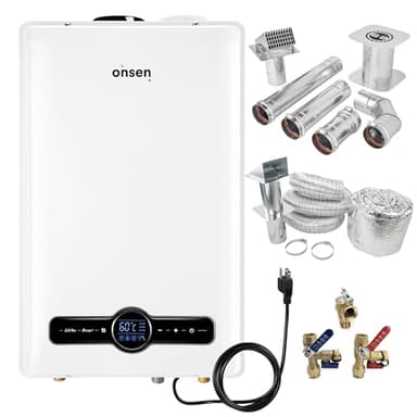 ONSEN 26L Propane Residential Tankless Water Heater + 3" Horizontal Vent System & Valve Kit - 6.9 GPM, 180K BTU - Instant Hot Water - for Small Space Indoor Use - CSA-Approved for USA & Canada