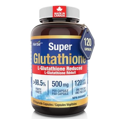 Herba Glutathione Supplement 500mg - 120 Vegetable Capsules | L Glutathione Reduced Active Form | Super Glutathione 500mg Capsule for Antioxidants | >98.5% Purity | Made in Canada