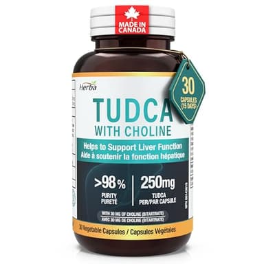 Herba TUDCA Supplement for Liver – 30 Capsules | >98% Purity | Purified Bile Salts Supplements | 250mg TUDCA + Choline | Canadian Pharmacist Formulated | Made in Canada