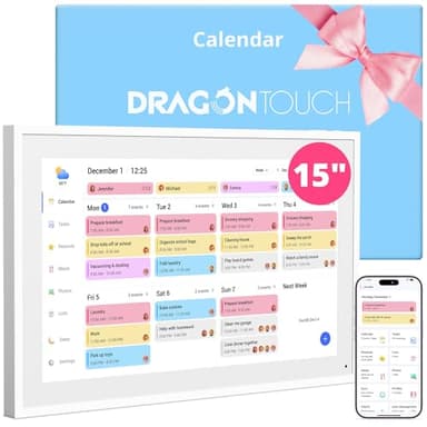 Dragon Touch 15.6" Digital Calendar for 2026, 1080P Full HD Interactive Touchscreen Family Planner, Electronic Wall Calendar for Family Schedules, Chore Chart & Meal Planning, Wall Mount or Desk Stand