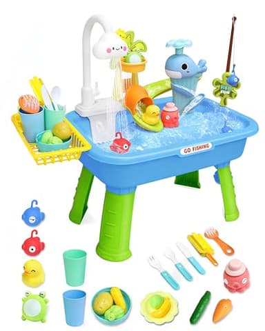 4-in-1 Electric Water Table for Toddlers 3-5, Kids Play Sink with Running Water & Cloud Faucet, Toddler Outdoor Water Table with Fishing Game & Accessories, Sensory Birthday Gift for Boys Girls ﻿