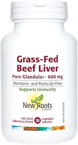 New Roots Herbal Grass-Fed Beef Liver 600mg, 30 Veg Capsules - Pure Glandular Supplement from New Zealand Cattle - Nutrient-Dense Source of Vitamins & Minerals - Non-GMO, Made in Canada