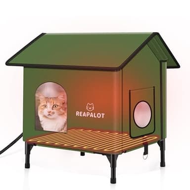 REAPALOT Large Heated Cat House for Outside Pet in Winter, Insulated Outdoor Feral Kitten Shelter with Pet Heating Pad, Elevated Heated Kitty House for Multiple Cats (Green, 20in)