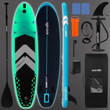 SereneLife 10’6” Inflatable Stand-Up Paddle Board with LED Lights - 32” Wide Stable Design with Non-Slip EVA Deck Pad, Includes Premium SUP Accessories, for Youth and Adults, 275 lbs. Capacity