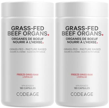 Codeage Grass Fed Beef Organs Supplement – Glandulars Supplements - Freeze Dried, Non-Defatted, Desiccated Liver, Heart, Kidney, Pancreas & Spleen Bovine Capsules - 2 Pack