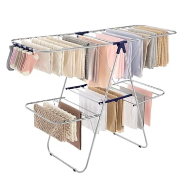 SONGMICS Clothes Drying Rack, Foldable 2-Level Laundry Drying Rack, Free-Standing Laundry Airer, with Height-Adjustable Wings, 33 Drying Rails, Sock Clips, Silver and Blue ULLR53BU
