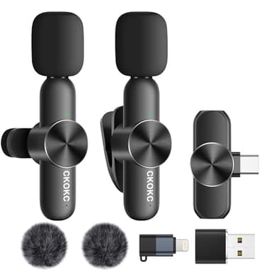 CKOKC Wireless Microphone for iPhone - Android Phone and Laptop PC, USB Microphones for Podcasting, Lavalier Microphone for Interview Video Vlog, with Microphone Pop Filters/Windscreen