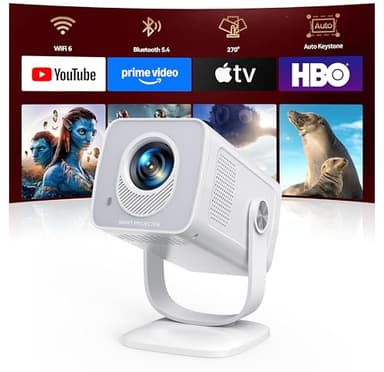 【Built-in Apps | Short Throw】Mini-Projector with WiFi6 and Two-Way Bluetooth5.4, 4K 1080P Support Portable-Projector, Auto Keystone 270° Rotation Outdoor Movie-Projecteur for Phone/HDMI/TV Stick,White