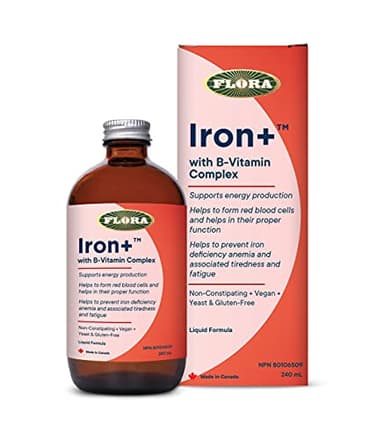 Flora Iron+ Liquid Herbal Iron Supplement for Women + B-Vitamin Complex, Maintain Healthy Iron Levels, Non-Constipating, Highly Absorbable, Vegan, Yeast and Gluten Free, 240 mL Glass Bottle