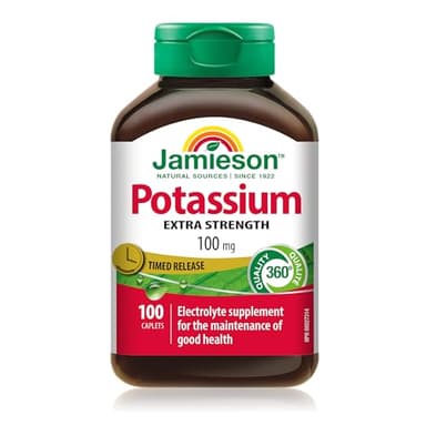 Jamieson Extra Strength Potassium 100 mg Timed Release, 100 Caplets, Supports Muscle & Nerve Function, Electrolyte Support, Helps Prevent Potassium Deficiency. Vegetarian, Proudly Canadian