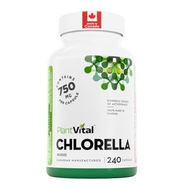 PlantVital Organic Chlorella Capsules - Made in Canada - Antioxidant Chlorophyll - Chlorella 1500mg per day - Broken Cell Wall Algae Supplement-Vegan Superfood - Non-GMO - 4 Months Supply - 240 Count