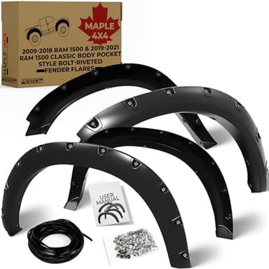 Maple4x4 2009-2018 Ram 1500 & 2019-2024 Compatible with Dodge Ram 1500 Classic Body(Excludes R&T Models,New Body Style) Pocket Style Riveted Fender Flares | Smooth Black Paintable, Set of 4 - FF304