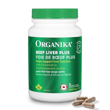 Organika Beef Liver Plus Choline- Sourced from Grass-Fed + Finished Cattle, Pasture Raised, High in Vitamins and Minerals, Supports Liver Function, Energy Levels, and Immunity- 90caps