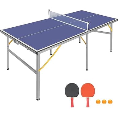IUNNDS Mid-Size Table Tennis Table Foldable & Portable Ping Pong Table Set for Indoor & Outdoor Games with Net, 2 Table Tennis Paddles and 3 Balls (6x3FT)