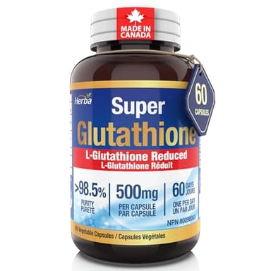 Herba Glutathione Supplement 500mg - 60 Vegetable Capsules | L Glutathione Reduced Active Form | Super Glutathione 500mg Capsule for Antioxidants | >98.5% Purity | Made in Canada