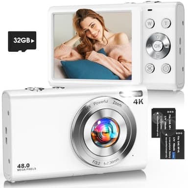 Digital Camera, 4K 48MP UHD Vlogging Camera with Autofocus, 16X Digital Zoom, Point and Shoot Digital Camera with 32GB Card, Portable Compact Small Camera for Teens Adult Beginner, 2 Batteries