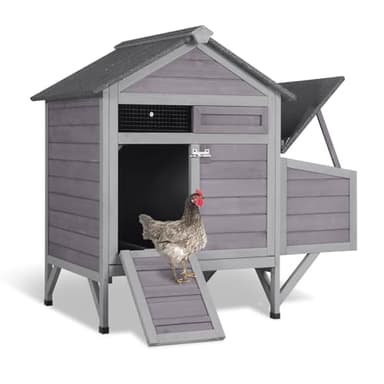 Aivituvin Chicken Coop with Nesting Box and Stand, Outdoor Hen House Wooden Poultry Coops with Weatherproof Asphalt Roof, Leakproof Pull-Out Tray for 2-3 Chickens, Ducks (Chicken Coop-AIR7020, Grey)