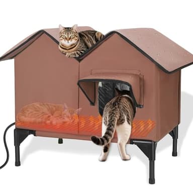 Heated Cat House, Large Heated Outdoor Cat House for Winter with Cat Heating Pad, Escape Door, Elevated Insulated Cat House Outdoor Weatherproof for Multiple Cats Small Dogs