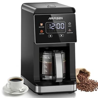 AIRMSEN Grind & Brew Coffee Maker with Built-in Grinder, Single Serve Programmable Machine - 5-Cup Capacity, 3 Grind Settings, 2H Keep Warm & Glass Carafe for Home and Office