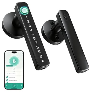 HUAJUN Fingerprint Door Lock, Smart Door Lock with Fingerprint Keypad Handle Biometric, App, Password, Key, and Card, Keyless Entry System Suitable for Home Hotel Office Apartment Bedroom-Black