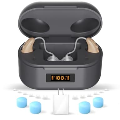BTE Hearing Aids for Seniors, Rechargeable Hearing Amplifier with Noise Cancelling, Adjustable Volume & 2 Modes, One Pair Hearing Assist Devices with Charging Box, 12 Eartips & Charger