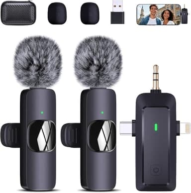 Wireless Lavalier Microphone for iPhone/Android/Camera/Computer - 4 in 1 Clip-on Microphone with Noise Reduction for Outdoor Vlogging, Interview, TikTok, Live Streaming, Video, Vocal Microphones