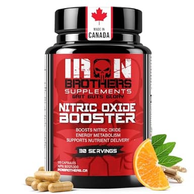 Iron Brothers Nitric Oxide Supplement for Men & Women | Pre-Workout Booster for Supporting Muscle Pump, Blood Flow & Endurance | L-Arginine, L-Citrulline & Pine Bark Extract | 120 Vegan Capsules