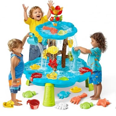 Sand and Water Table for Toddlers 3-8, 2-Tier Kids Water Play Table with Watering Flower & Beach Toys, Outdoor Sensory for Backyard, Summer Beach Activity Table for Boys Girls Age 3+