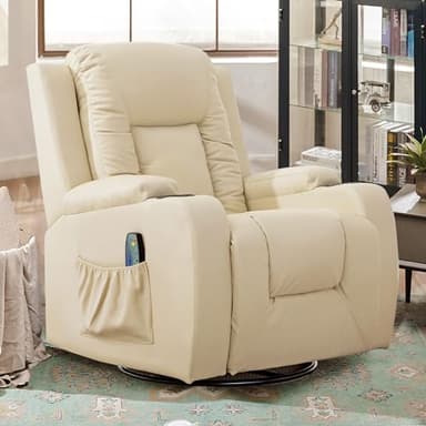 GTPLAYER Recliner Chair Massage Rocker with Heated Modern PU Leather Ergonomic Lounge 360 Degree Swivel Single Sofa Seat with Drink Holders Living Room Chair (White)