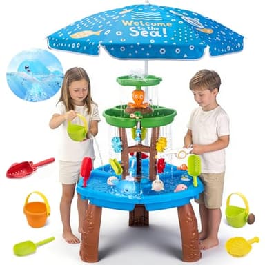 Water Table for Toddlers with Water Pump and Fishing Game Set 3-Tier Kids Sand Water Table with Umbrella Sensory Outdoor Toys for Kids Ages 4-8 Outside Toys Backyard for Kids Toddlers Age 3-10