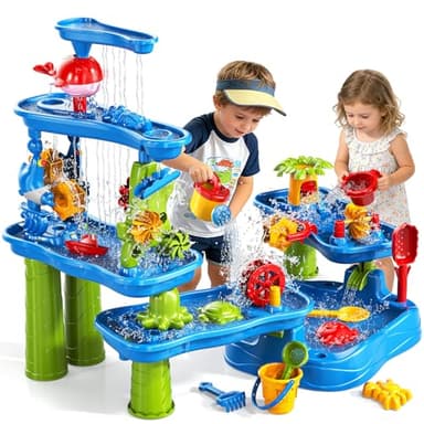 Sand and Water Table for Toddlers 18M+, 5-Tier Outdoor Toys and Play Activity Set for Kids Boys Girls Toddlers Ages 3 4 5 6 7 8 Years, Kids Sand Water Play Table Summer Beach & Pool Toys for Yard
