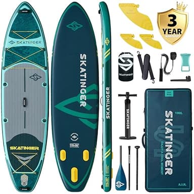 Skatinger 11'6×35" Super Wide Inflatable Paddle Board, Ultra Stable Stand Up Paddleboards for 450lb/3 People/Family/Big Size, 3 Fins, Shoulder Strap, All-Round Sup Board, Green