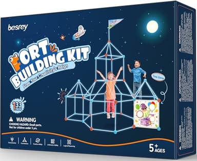 besrey Fort Building Kit for Kids with Toss Game, 133 Pcs Creative Fort Toy, STEM Construction Toy, Outdoor Play Structure, Kids Outdoor Toys,DIY Play Tent Tunnel (Blue Nightglow)