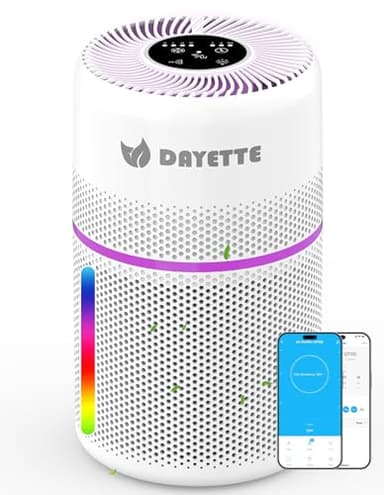 DAYETTE Air Purifiers for Home Bedroom, Covers 1500ft² with Smart WiFi Alexa Control, HEPA Filter for Pet Hair, Odors, Pollen, Portable Air Purifier with Timer, 7 Color Lights, 20dB Quiet, White