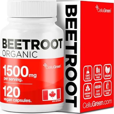 Organic Beetroot Powder Capsules 1500mg (STRONGEST IN CANADA) 2 x 750mg per cap, Source of Nitric Oxide & Beta Carotene Supplement, Antioxidants from Raw Beetroot Powder. 120 ct Beet Root Supplement. Non-GMO. Made in Canada.
