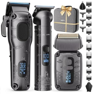 VGRPRO Hair Clippers & Trimmers set for Men Professional, Waterproof Electric Razor Foil Shaver for Men Face Beard, Cordless for Hair Cutting, 4-Speed Setting, LED Battery Display, Barber or Home Use (Gray)
