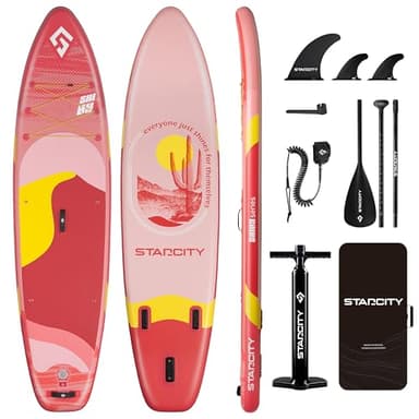 STARCITY 11'*33"*6" Blow Up Sup, Inflatable Paddle Board,Paddle Board,Spacious and Stable, Anti Slip and Easy to Operate, Large Size Suitable for Single Person/Family/Pet Use,Sun Red.